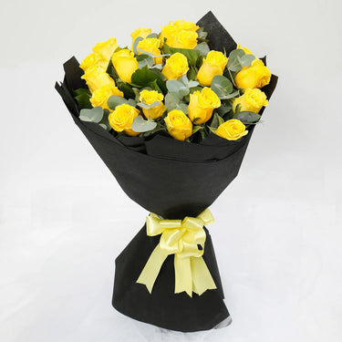 Sunshine Elegance Bouquet, 20 Yellow Roses, Eucalyptus Leaves, Black Fabric, Yellow Ribbon